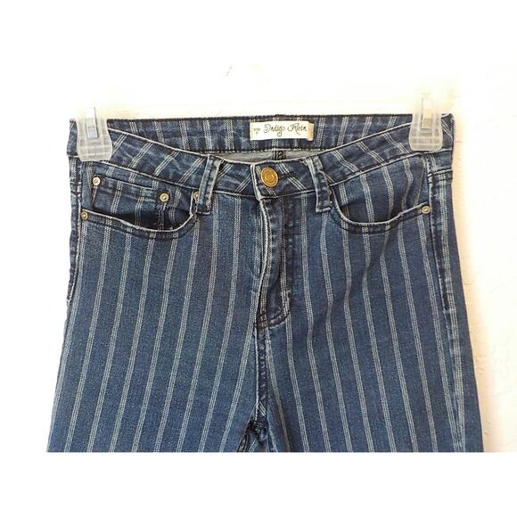 Indigo Rein Blue Striped Jeans Women size 9 Stretch Demin Zip Amended Hem 29x25 - Picture 4 of 9